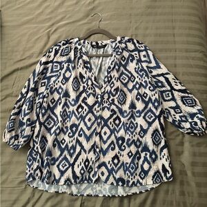Zara Navy and White Ikat Patterned Button-down Blouse with Balloon sleeves